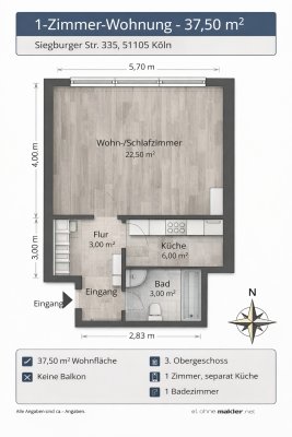Helle 1-Zimmer-Wohnung (37,5 m²) mit separater Küche – Köln-Poll, 3. OG