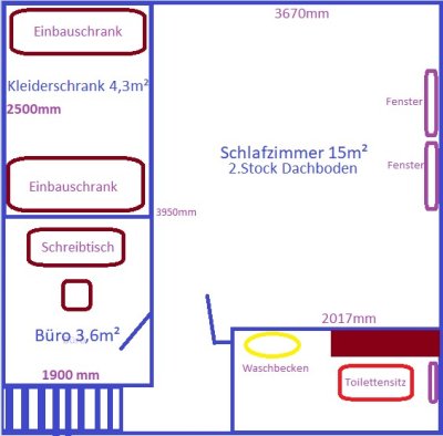 großzügiges Studentenzimmer mit Büro, begehbarem Kleiderschrank und eigener Toilette zu vermieten